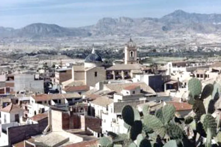 En primer plano, se ven varios cactus, y en el fondo, una iglesia con una torre y una montaña