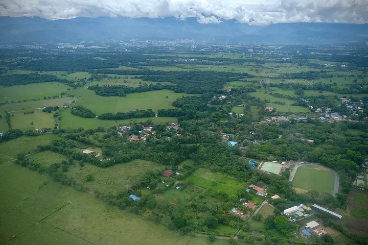 En primer plano, se ve un gran campo verde rodeado de árboles