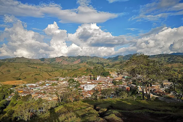 En primer plano se ve un árbol con hojas secas y un pueblo rodeado de montañas