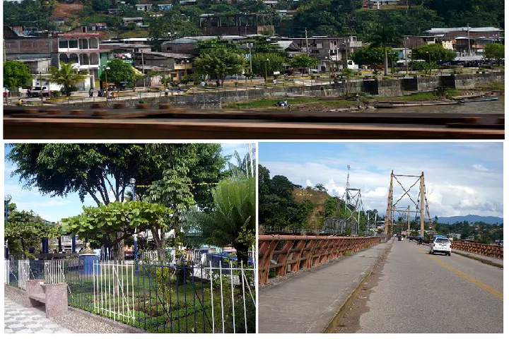 En primer plano, se ve un puente de hierro sobre un río, con un coche en la carretera