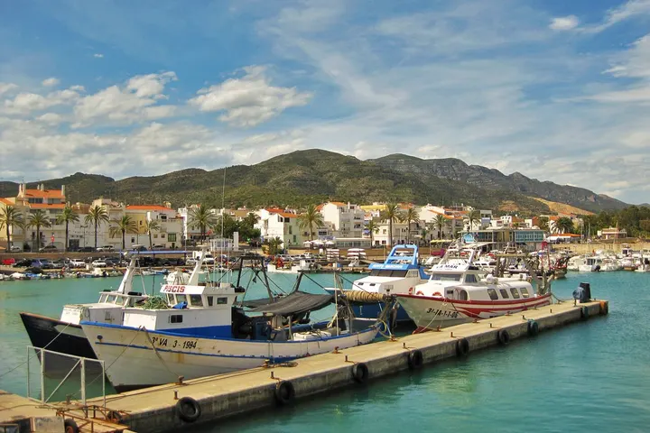 Un puerto con barcos de pesca en un día soleado