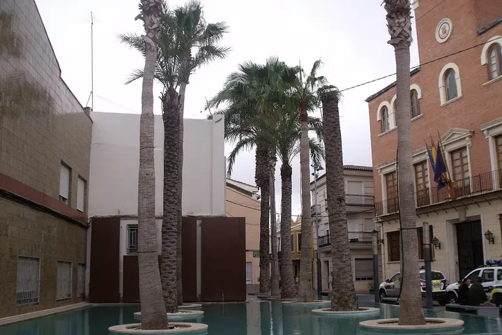 En el centro de una plaza, se alzan varios palmeras sobre un estanque de agua