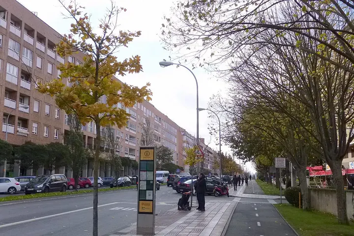 En primer plano, una calle con un árbol con hojas amarillas y un cartel de autobús