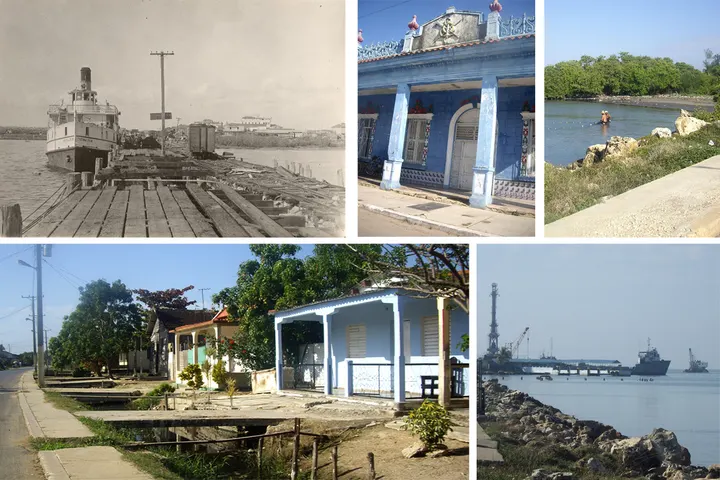 En primer plano, una casa azul con un porche, rodeada de árboles y un muelle en el fondo