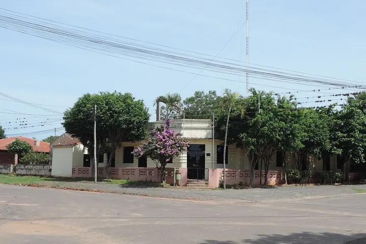 En primer plano, una casa con un árbol de flores en la entrada