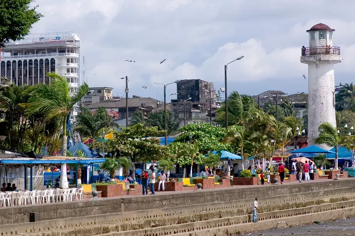 En primer plano, un faro blanco con una torre y una terraza, rodeado de palmeras y árboles