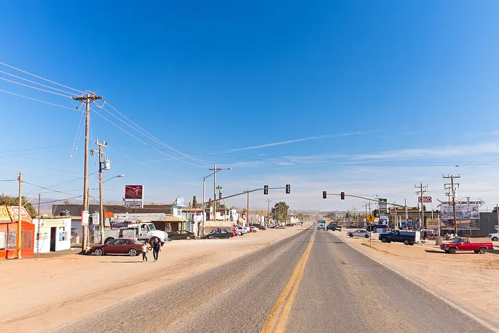 Un camino con un tráfico de coches, con un hombre y un perro en el borde de la carretera