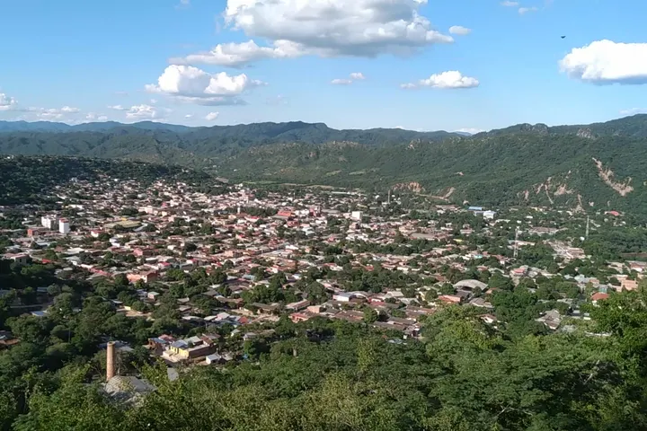 En primer plano, una gran cantidad de casas rodeadas de árboles