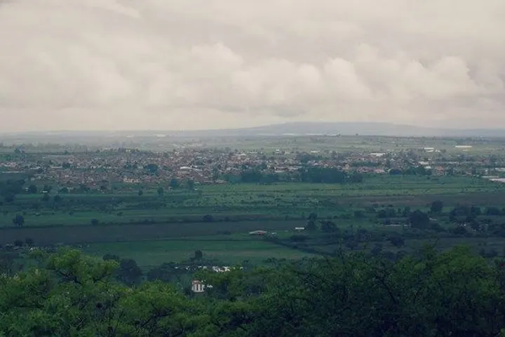 En primer plano se ve un bosque, y en segundo plano una ciudad con casas y edificios