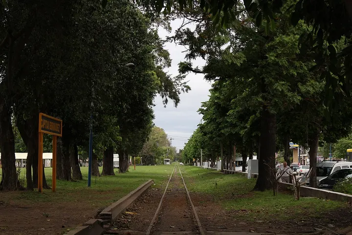 En primer plano, un par de vías de tren abandonadas, rodeadas por árboles y un cartel con letras ininteligibles