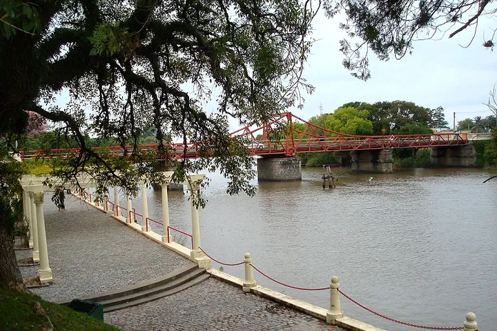 Un puente rojo sobre un río, con una acera de piedra y un árbol en primer plano