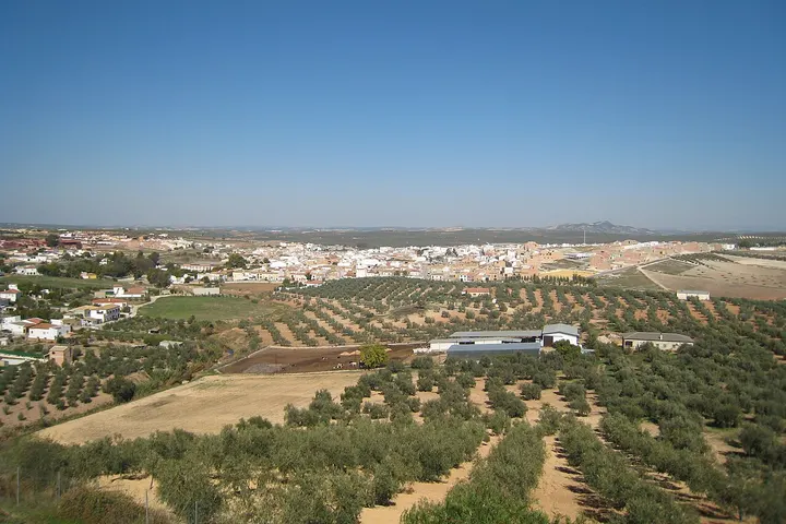 En primer plano, se ven olivos y huertas, con una granja en el centro, rodeada por casas y edificios