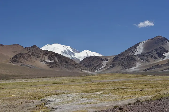 En primer plano, un campo de hierba y arena se extiende hasta las montañas nevadas