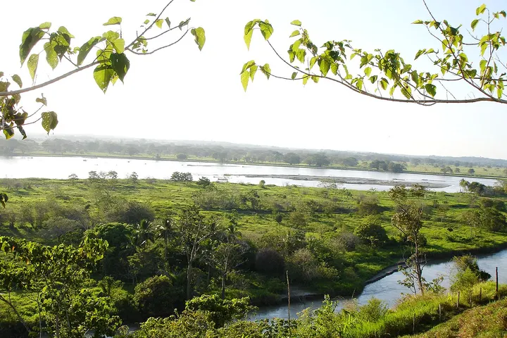 En primer plano, un río fluye por un valle verde y lleno de árboles