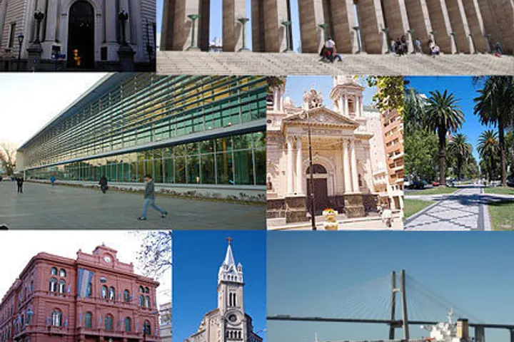En primer plano, una mujer camina por una calle con un edificio de vidrio y una iglesia en el fondo